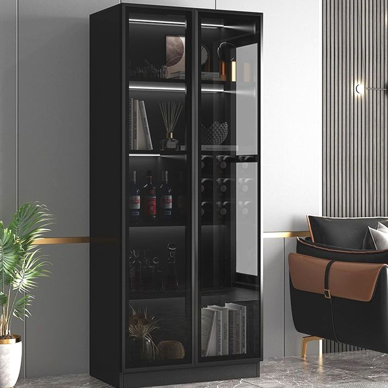 Large Modern Black Wood Wine Cabinet with Glass Doors | homeyfad