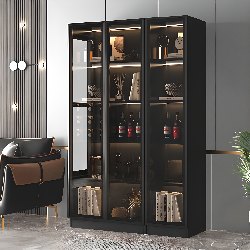 Large Modern Black Wood Wine Cabinet with Glass Doors | homeyfad