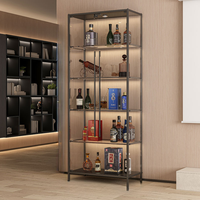 Lighting Metal Shelf Floor Wine Cabinet with Glass Doors | homeyfad