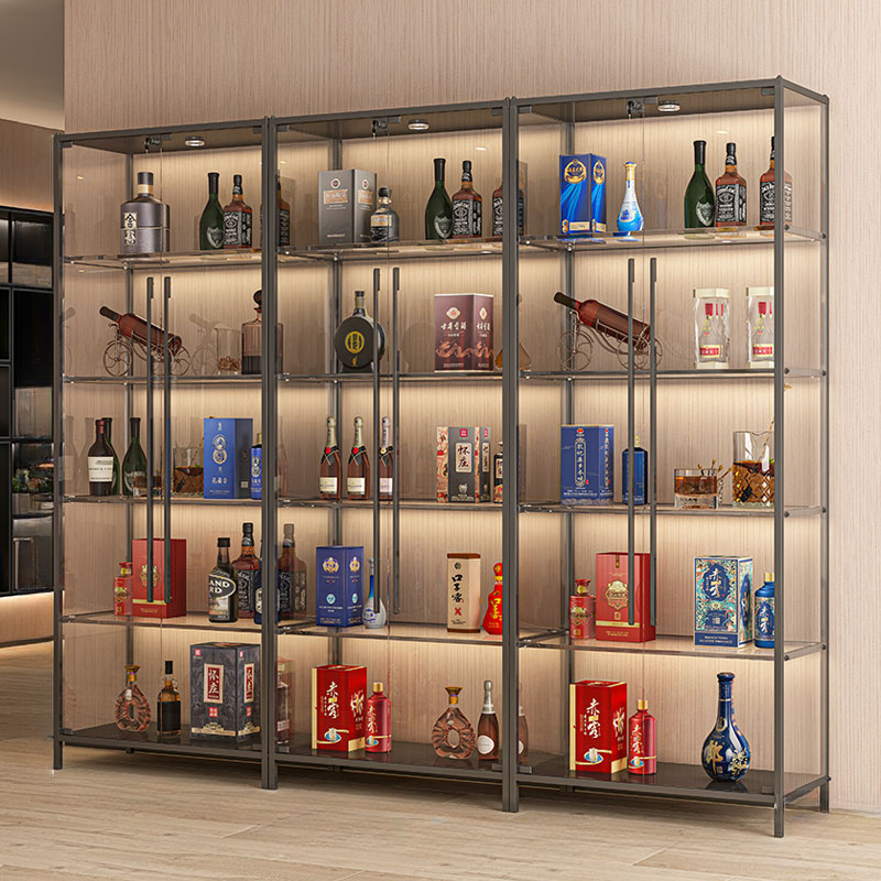 Lighting Metal Shelf Floor Wine Cabinet with Glass Doors | homeyfad