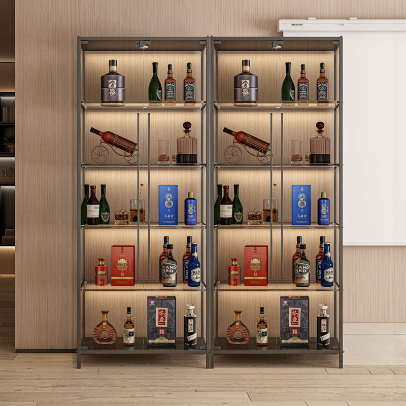 Lighting Metal Shelf Floor Wine Cabinet with Glass Doors | homeyfad