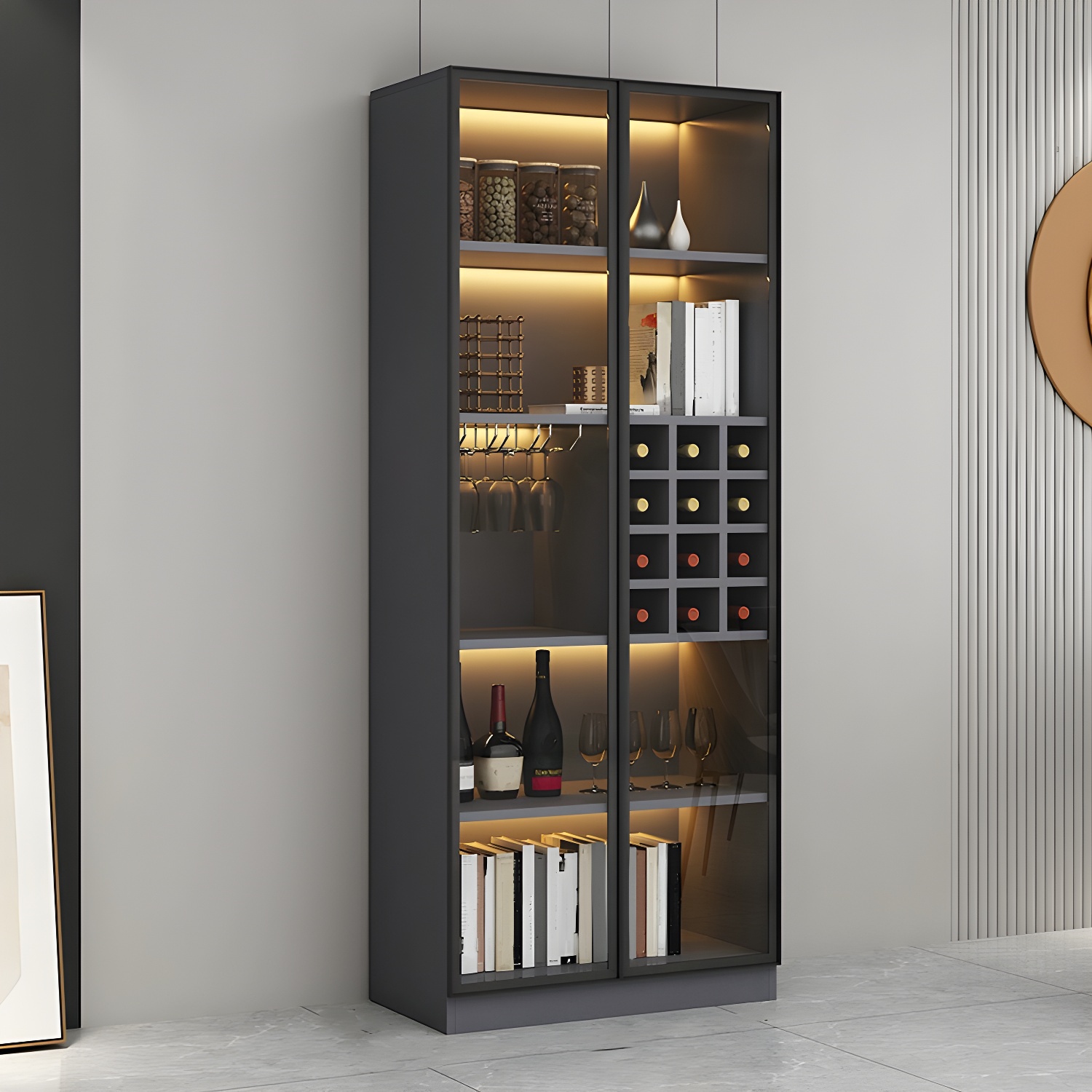Lighting Modern Freestanding Black Wooden Wine Cabinet | homeyfad