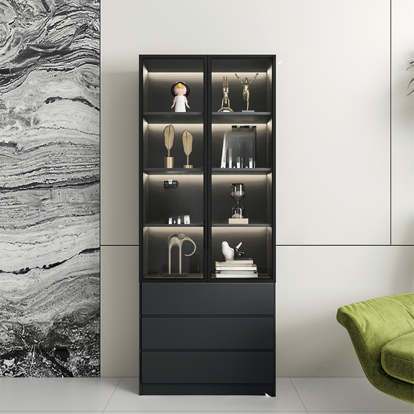 Black Freestanding Wood Wine Cabinet with Glass Doors | homeyfad