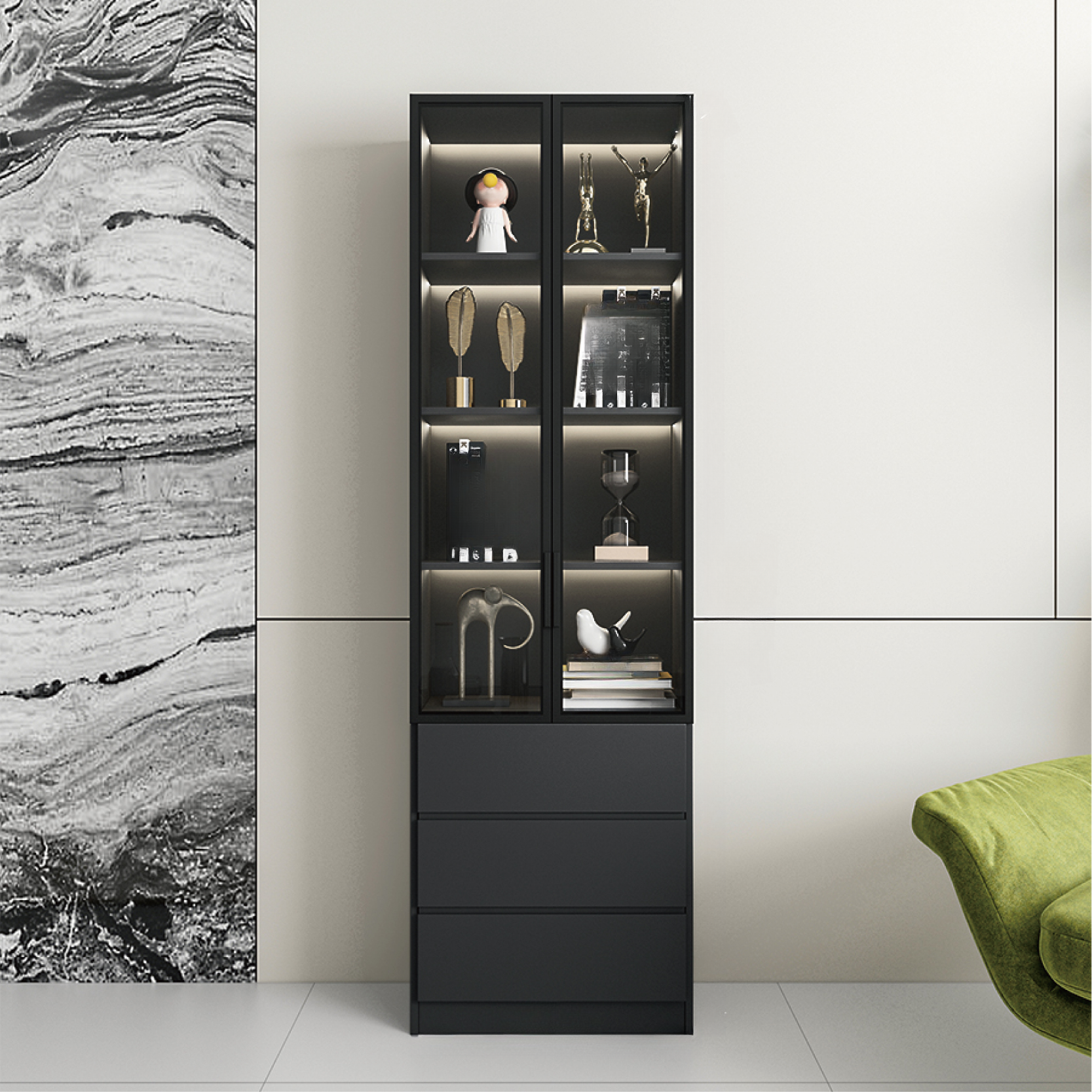 Black Freestanding Wood Wine Cabinet with Glass Doors | homeyfad