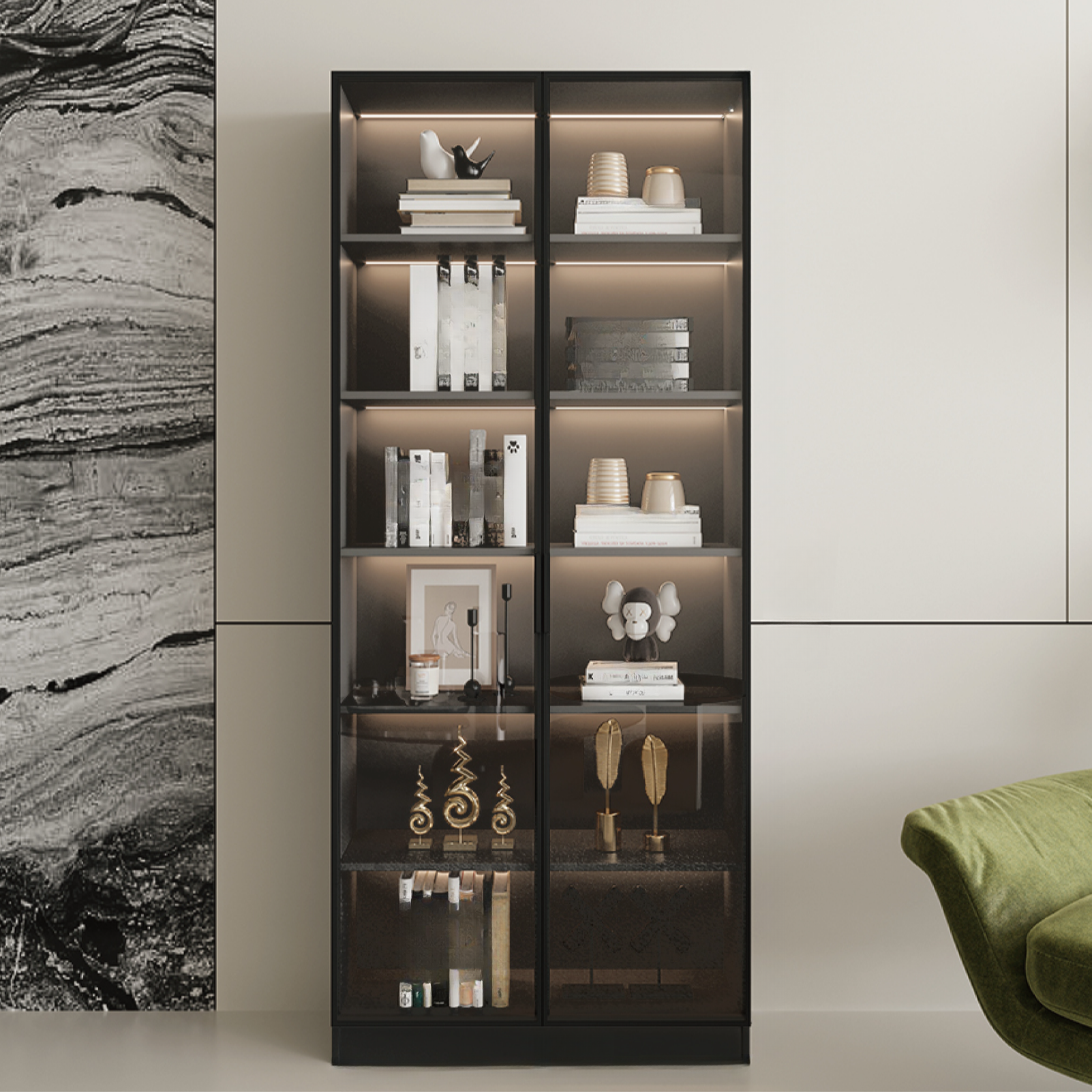 Black Freestanding Wood Wine Cabinet with Glass Doors | homeyfad